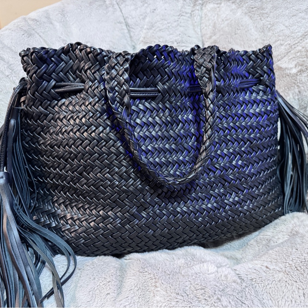 Chic Black Woven Tote with Tassels